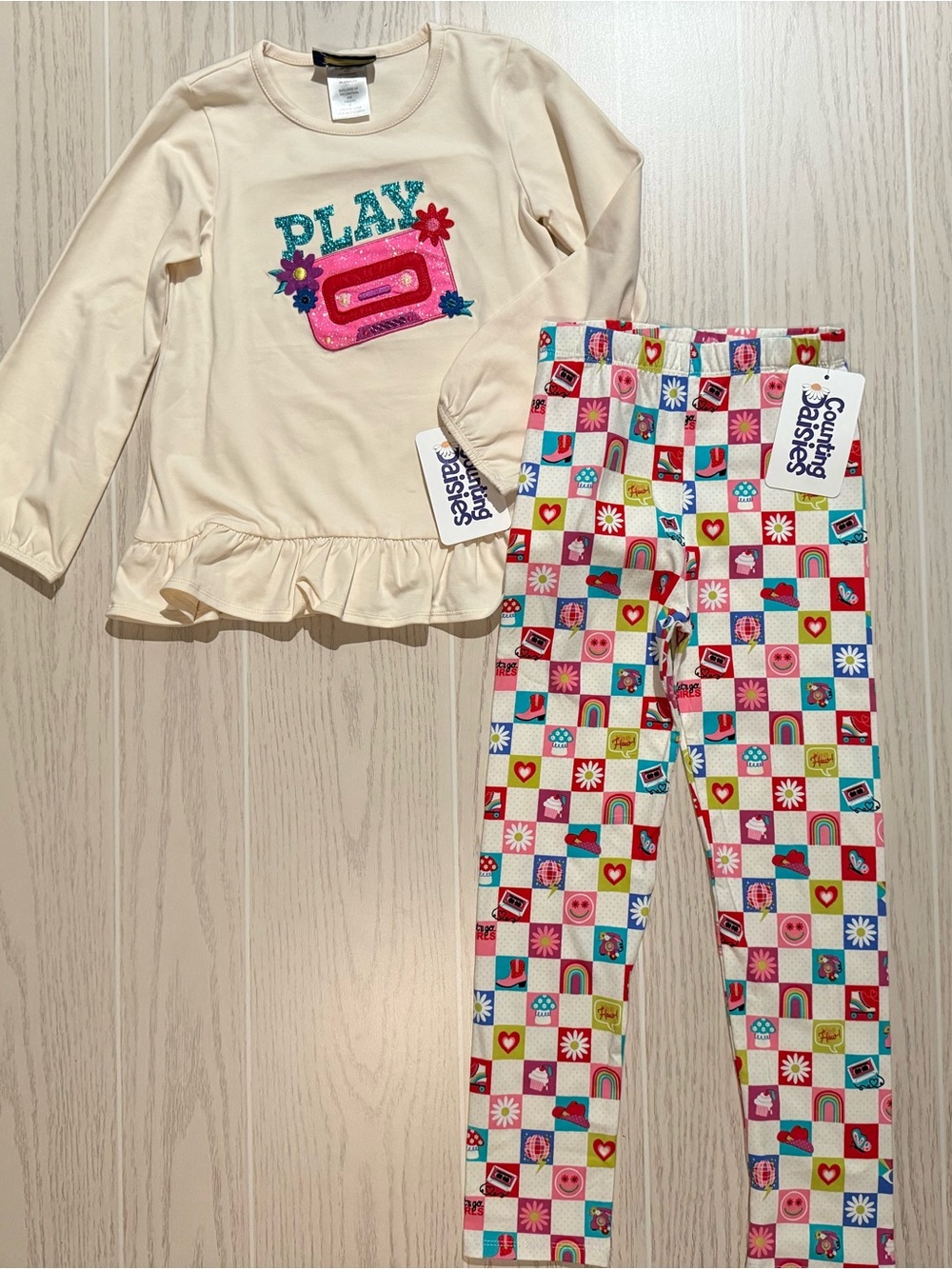 Counting Daisies Girls Size 6 Retro Cassette Graphic Top & Leggings Set NWT